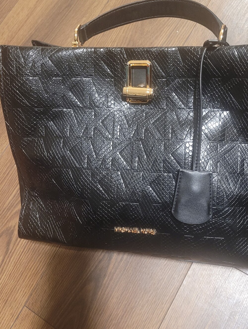 Michael Kors Black Textured Satchel with Gold Hardware